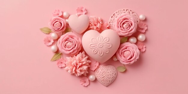 Mother's Day Mom's Day or Women's Day or Valentines day heart shaped flowers composition with copy space on pastel background 3d style Generative Ai