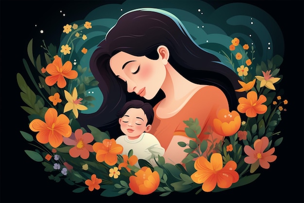 Mother's day mother holding baby among flowers