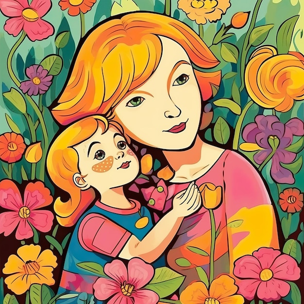 母の日、花のある庭にいる母と娘の絵
