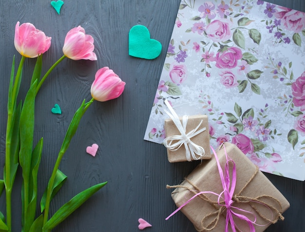 Mother's Day. Pink tulips and greeting card 