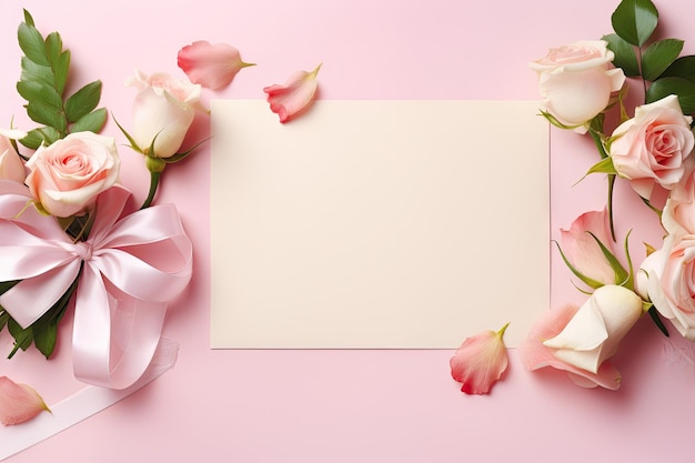 Mother s Day themed greeting card mockup with copy space pink ribbon roses on colored table