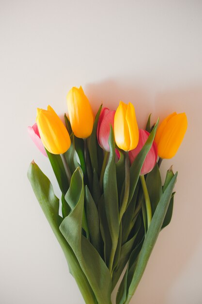 Mother's Day, Valentine's Day. A bouquet of colored tulips on a gray surface