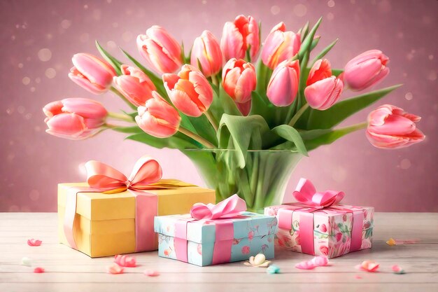 Поздравительная открытка на День матери или День женщин с букетом тюльпанов и подарочной коробкой на деревянном столе