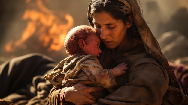 Foto l'abbraccio di una madre in mezzo al caos fiammeggiante