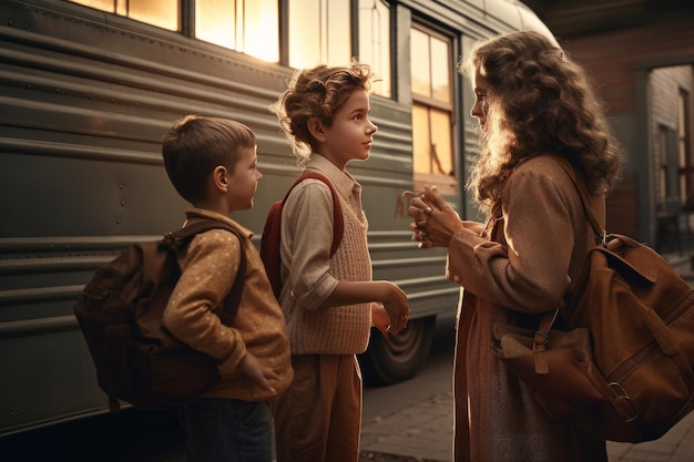 Mother Saying Goodbye To Children As They Leave For School Created with generative AI technology