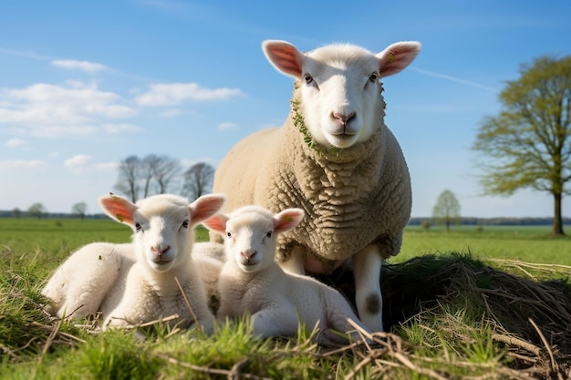 Мать-овца в сопровождении трех ягнят на пастбище с генеративным искусственным интеллектом