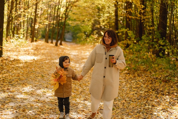 母と息子は子供連れの家族のために秋の森の秋の野外活動を歩いています