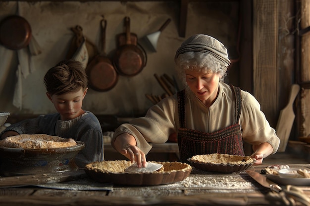 Photo mother and son baking pies