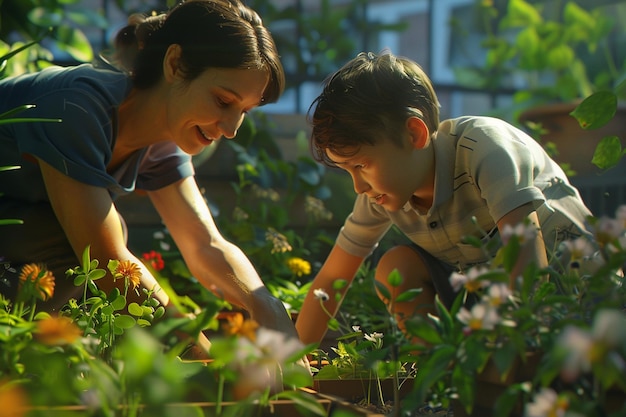 Мать и сын объединяются общей любовью к саду.
