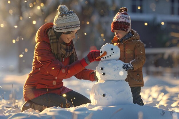 Mother and son building a snowman