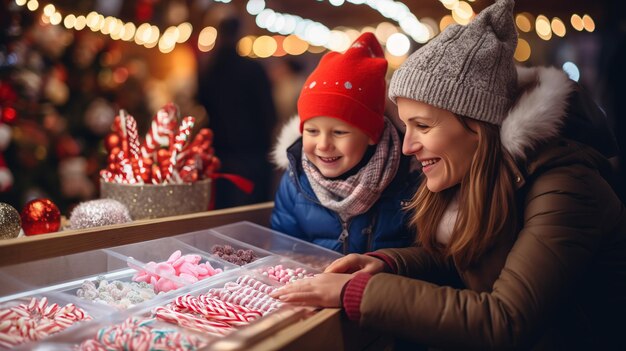 Mother and son buy candy canes at Christmas market European winter holidays Christmas fair