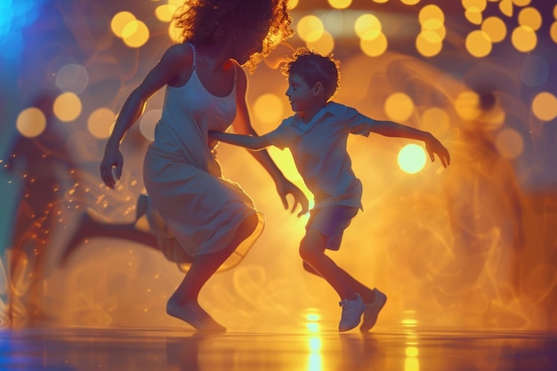 Foto madre e figlio che ballano alla loro musica preferita