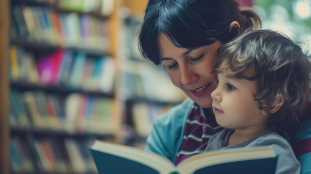 Foto madre e figlio si godono un libro in un accogliente ambiente di biblioteca.