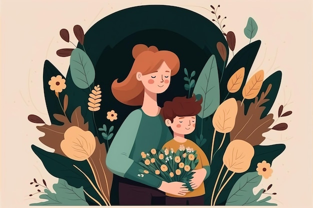 Mother and son on floral background illustration for mother's day with copy space Generative ai