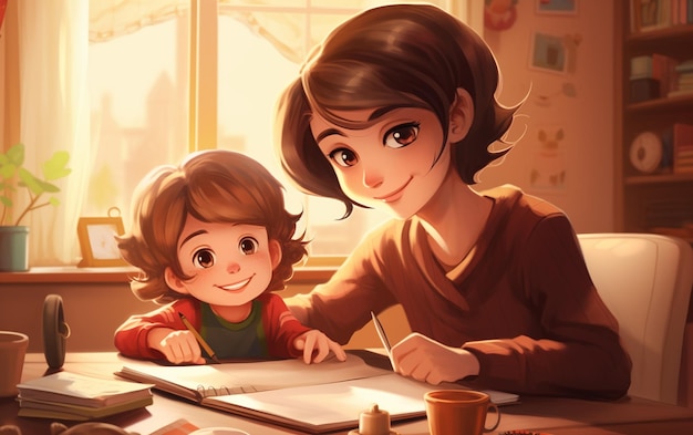 Mother and Son Happy Homework