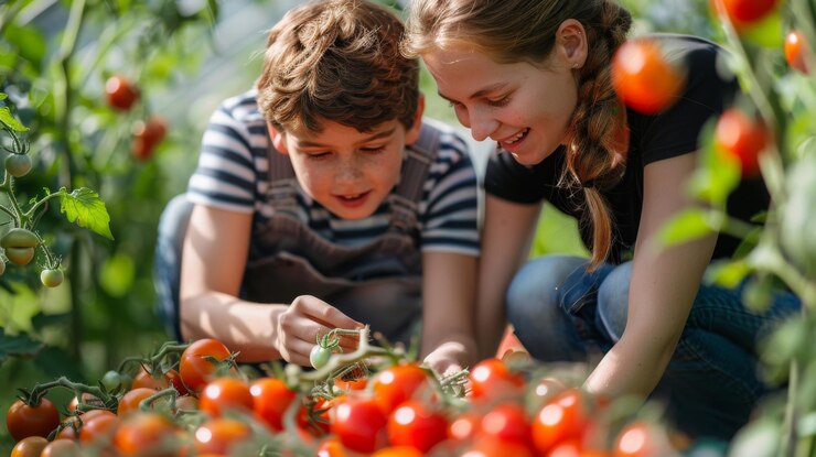 A mother and son harvesting tomatoes in a greenhouse