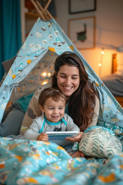мать и сын весело смотрят видео на планшете в уютной палатке дома