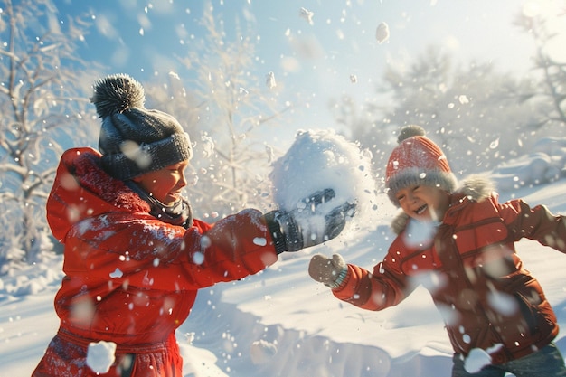 Foto madre e figlio che combattono a palle di neve