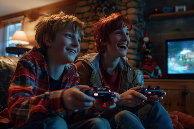 Mother and son laughing while playing video games