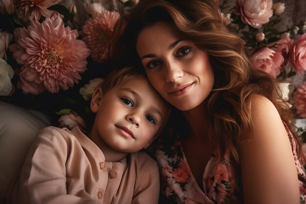 A mother and son laying on a bed with flowers in the background