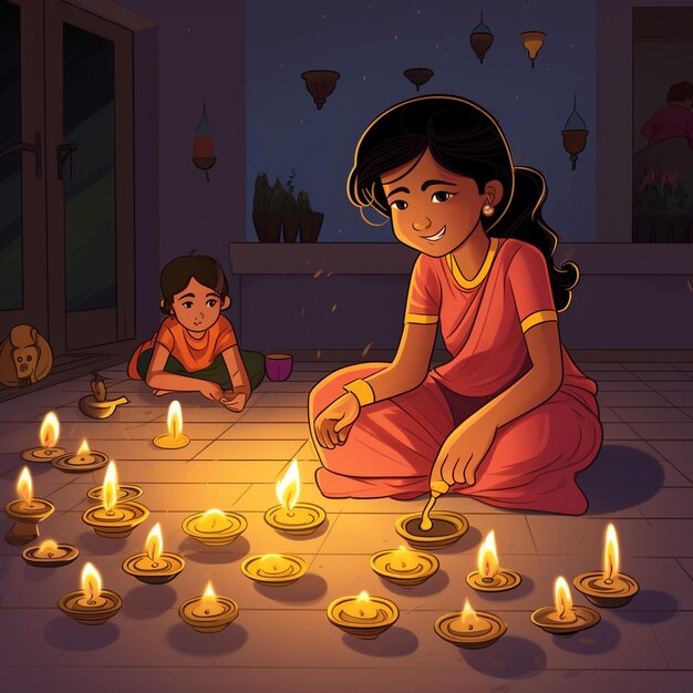 Mother and son lighting candles for Diwali