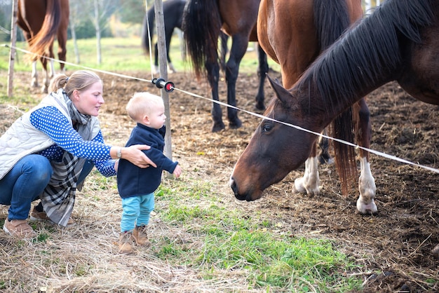 Mother and son looking at horses in ranch