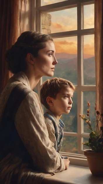 Мать и сын смотрят в окно.