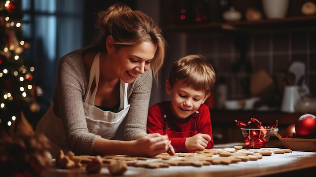 母と息子が家でクリスマス・クッキーを作っている