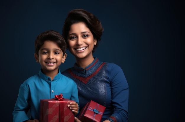 Mother and son in matching blue saris joyfully holding gift boxes age acceptance image