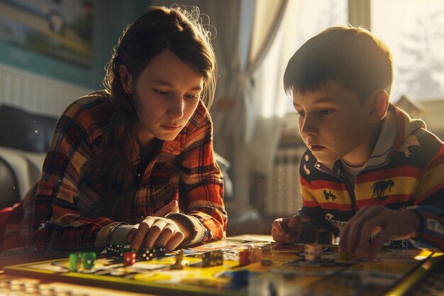 Foto madre e figlio che giocano a giochi da tavolo