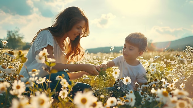 mother and son playing in a field of flowers