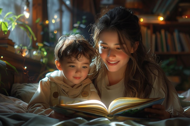 어머니 와 아들 이 집 에서 침대 에서 책 을 읽고 있는 행복 한 가족