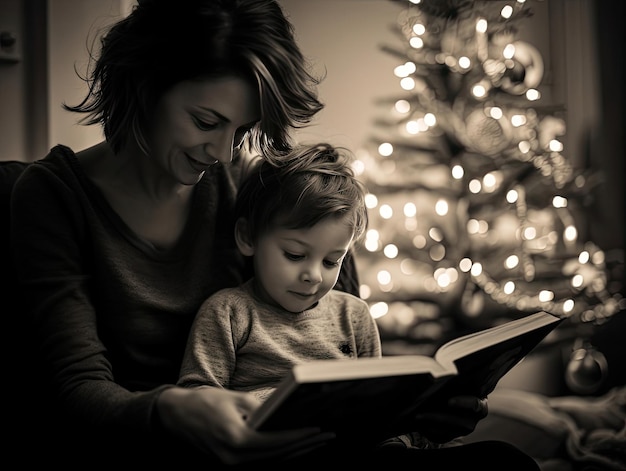 a mother and son reading a book in front of a christmas tree.