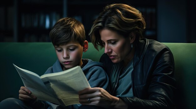 Mother and son reading a book together at night in a dark room Generative AI