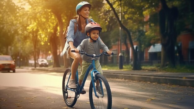 A mother and son ride a bike with a helmet on.