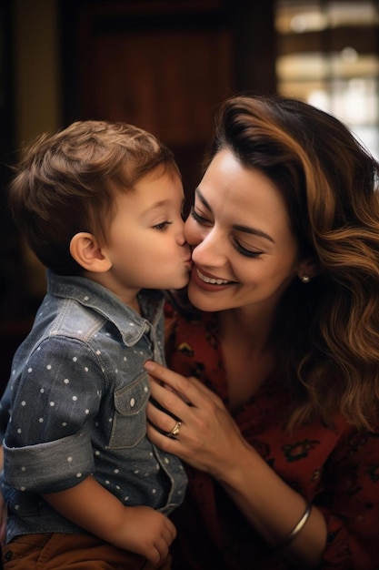 a mother and son share a kiss on the cheek