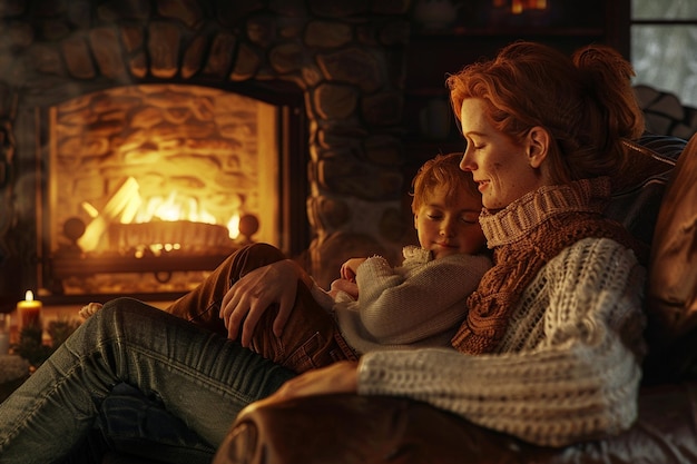 Mother and son sharing a quiet moment by the firep