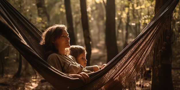 mother and son sitting on hammock in the forest with sunshine mother day