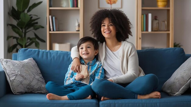 Mother and son on the sofa watch television