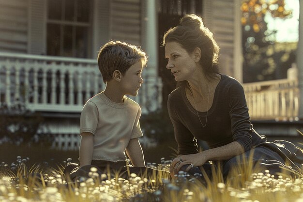 Photo mother and son visiting family