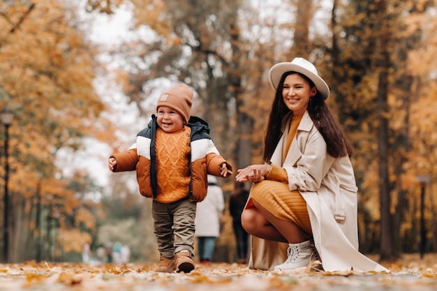 Mother and son walk in the autumn Park. The family walks through the nature Park in the Golden autumn.