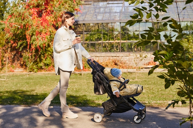 Mother and son on a walk in the park