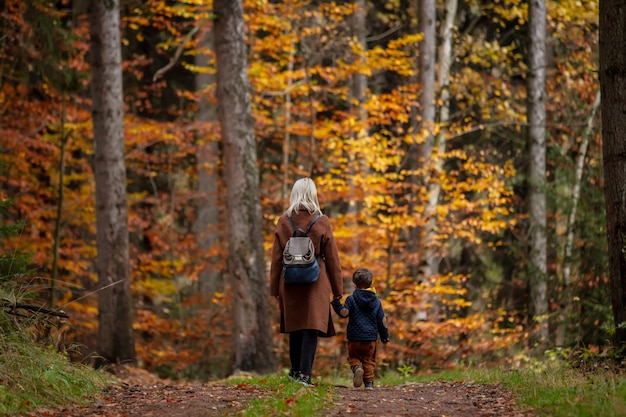 Mother and son walk through the forest in autumn