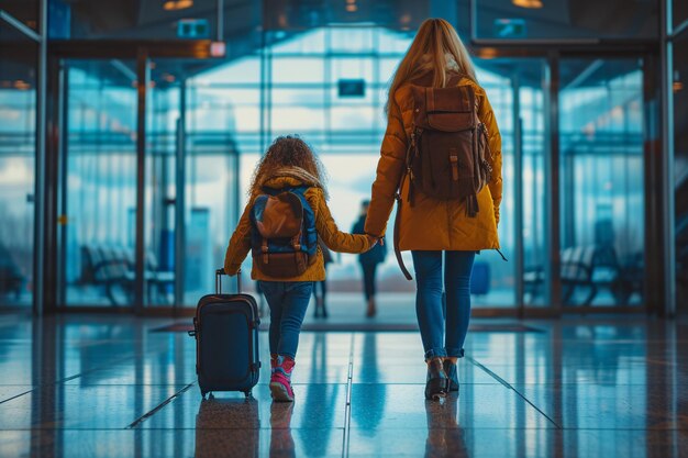 The mother and son walked towards the airport exit carrying a suitcase