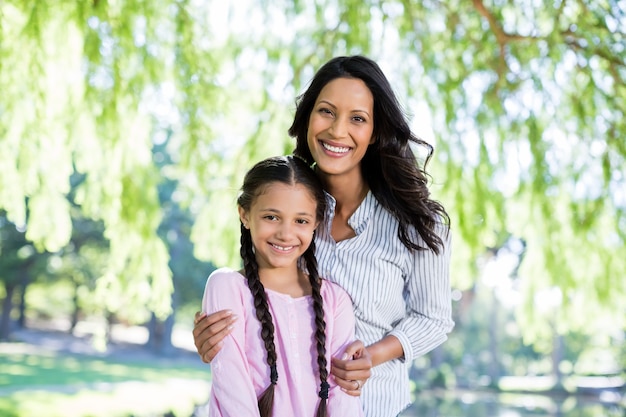 Mother standing with her daughter in park