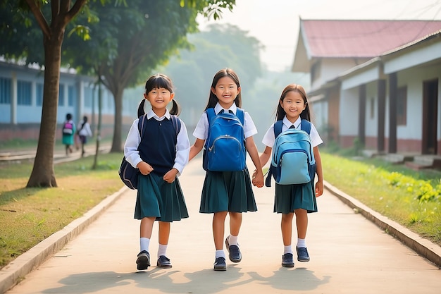 Photo mother take their children to the school in the morning