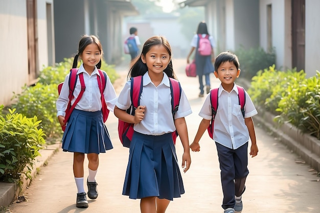 Photo mother take their children to the school in the morning