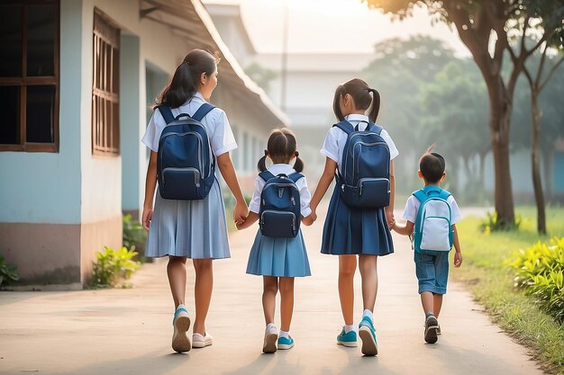 Photo mother take their children to the school in the morning