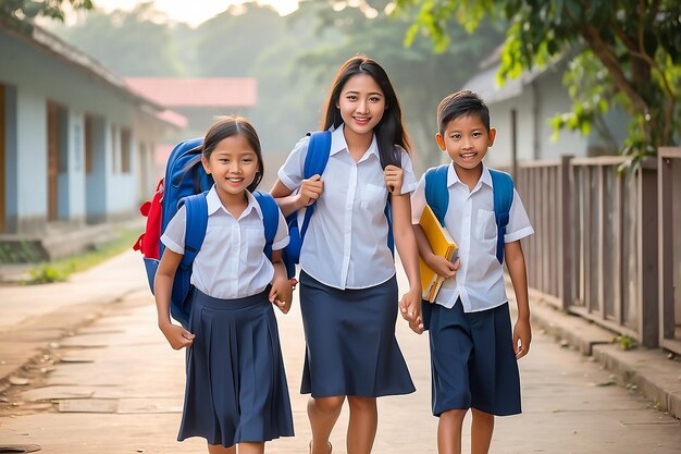 Photo mother take their children to the school in the morning