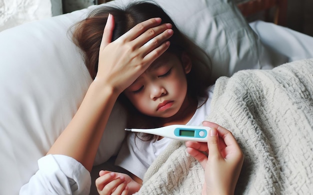 Photo a mother takes care of her sick young child in bed